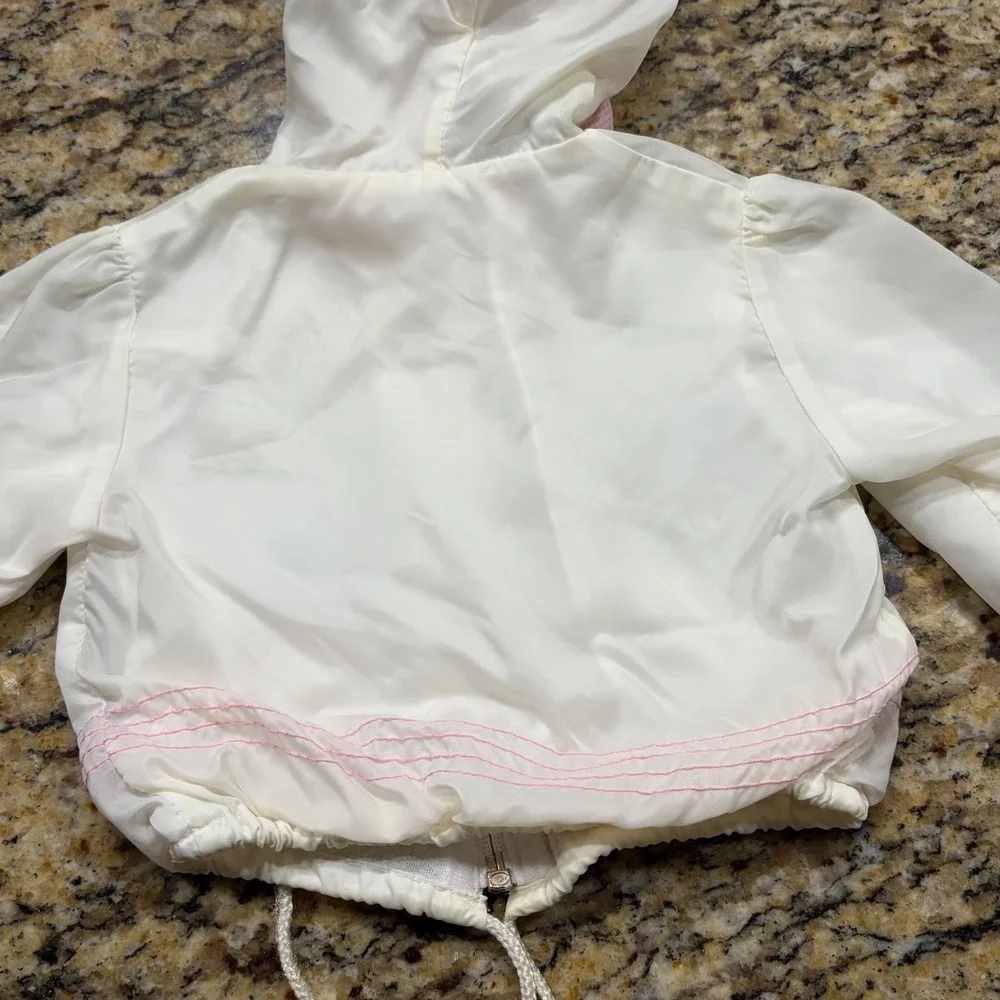 Vintage Baby Girl White Pink Ruffle Bird Windbreaker Jacket Hooded 6-9 Months